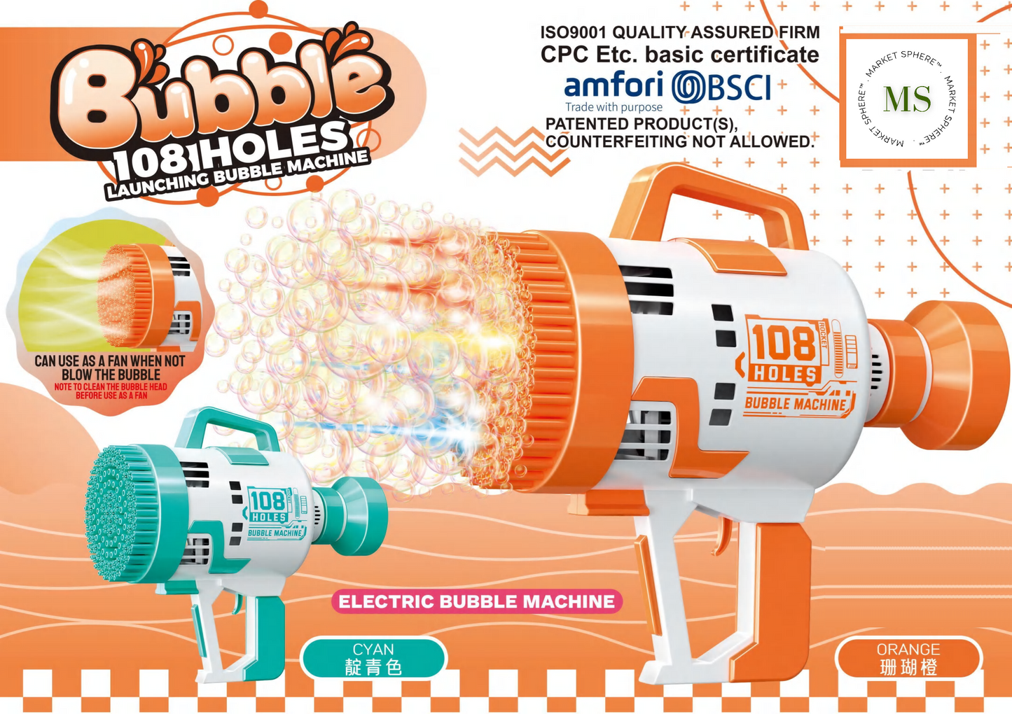 KB1143 Launching Bubble Machine with Light / 108 Holes