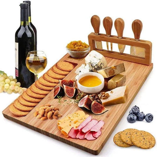 Premium Bamboo Cheese Board Set with 5 Cheese Knives, Cutter, Fork, Shovel and Cutting Tools - Perfect for Kitchen&nbsp;and Entertaining