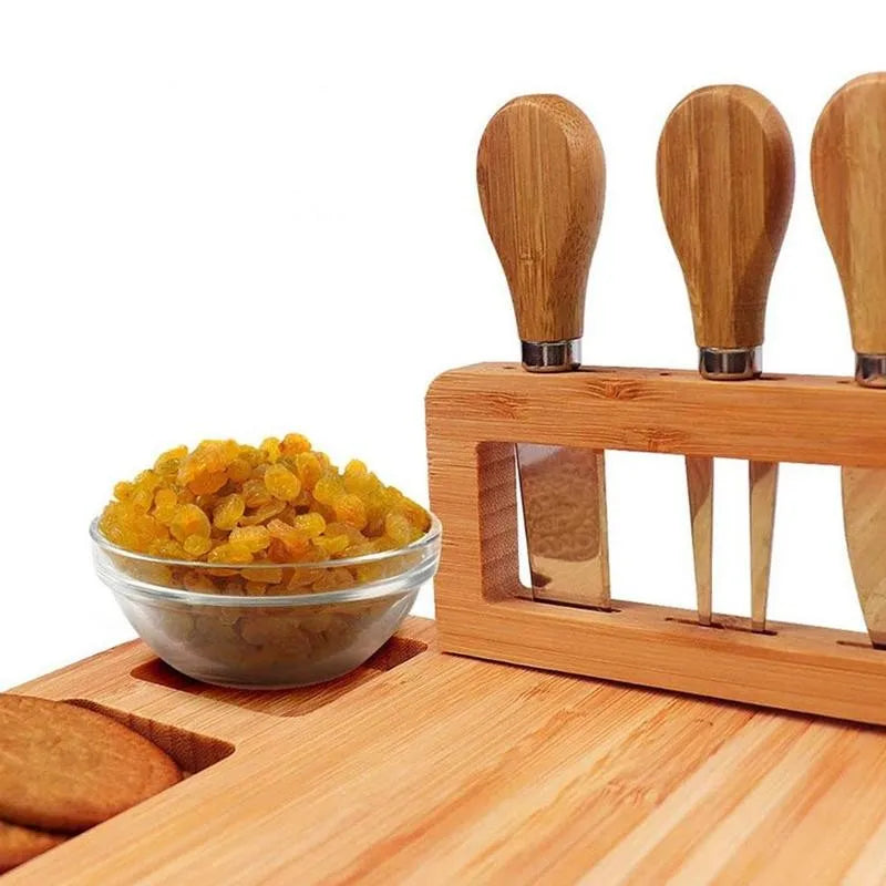 Premium Bamboo Cheese Board Set with 5 Cheese Knives, Cutter, Fork, Shovel and Cutting Tools - Perfect for Kitchen&nbsp;and Entertaining