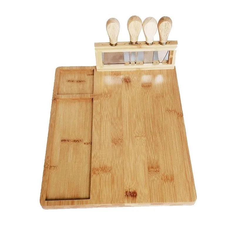 Premium Bamboo Cheese Board Set with 5 Cheese Knives, Cutter, Fork, Shovel and Cutting Tools - Perfect for Kitchen&nbsp;and Entertaining